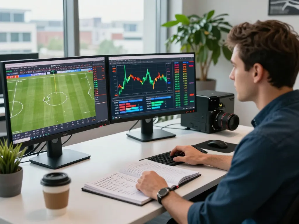 Engaging kênh kèo nhà cái analysis scene with sports analyst monitoring live odds and statistics.