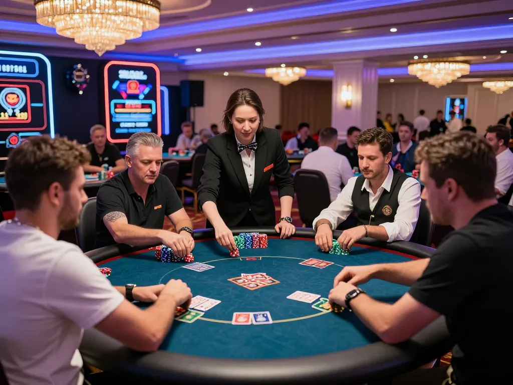 Players enjoying an exciting poker game at O8 SOCIAL casino, vibrant atmosphere with colorful chips.