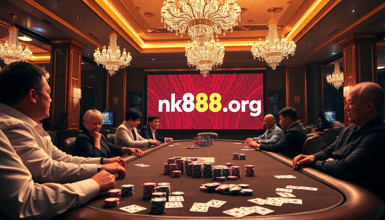 Players at a high-stakes poker table showcase strategy and skill at nk88bet.org casino.