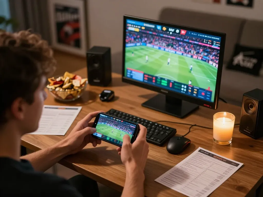Player enjoying sports betting on win68 app during a thrilling game night with vibrant snacks around