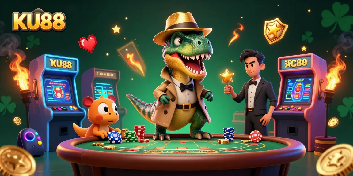 Engage in thrilling gameplay at KU88 casino with a lively cartoon scene of colorful characters and arcade elements.