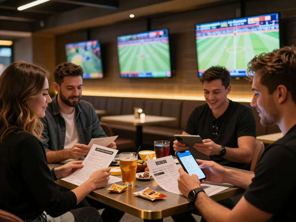 Kèo nhà cái showcased in a vibrant sports betting lounge with excited bettors analyzing odds