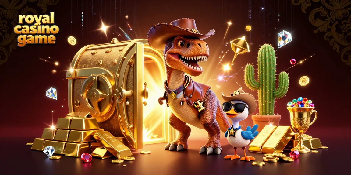 Experience the royal casino game adventure with vibrant dinosaur characters amidst golden treasures and dynamic casino elements.
