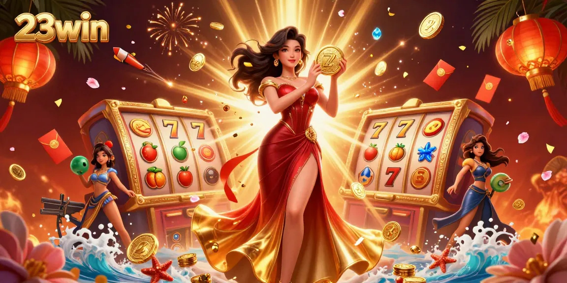 Win big with 23win's vibrant illustration showcasing exciting slots and stunning visuals.