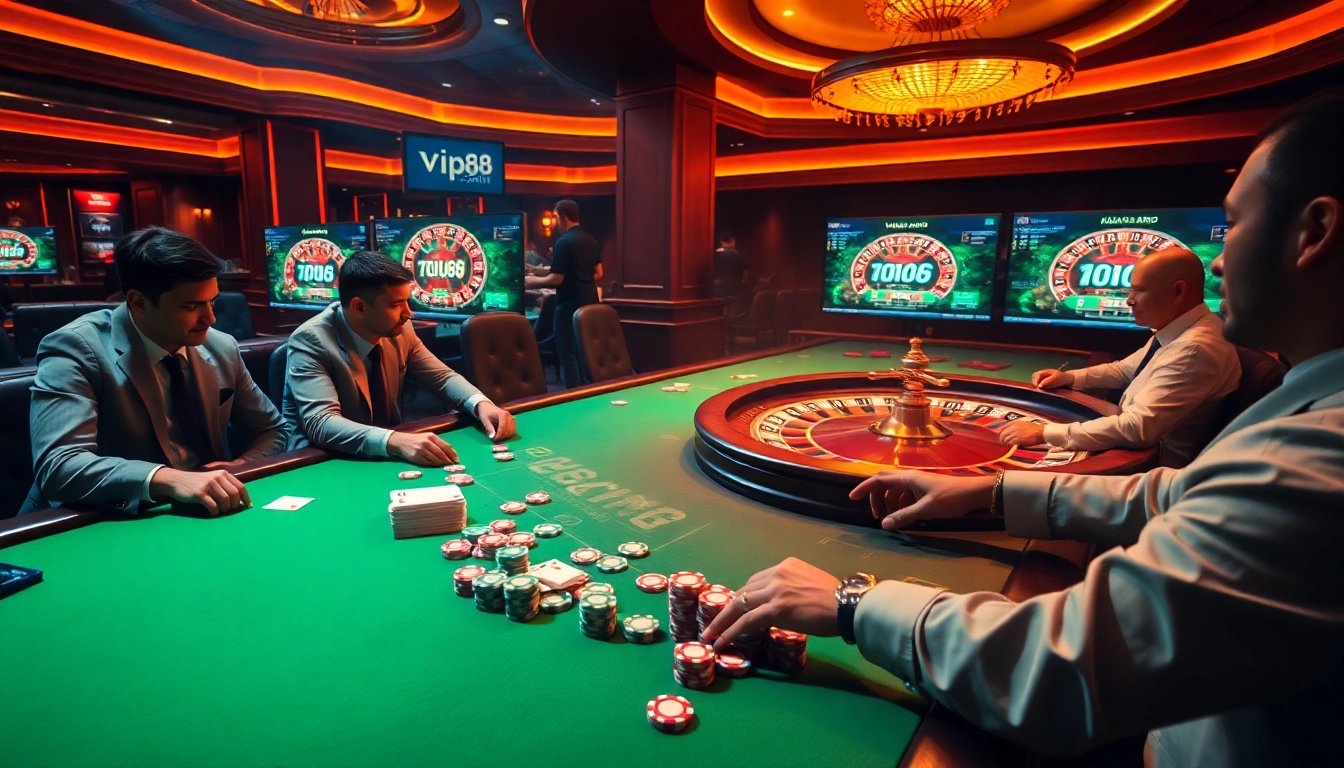 Exciting high-stakes poker gameplay at a luxurious casino table with digital interfaces connected to vip88 com.