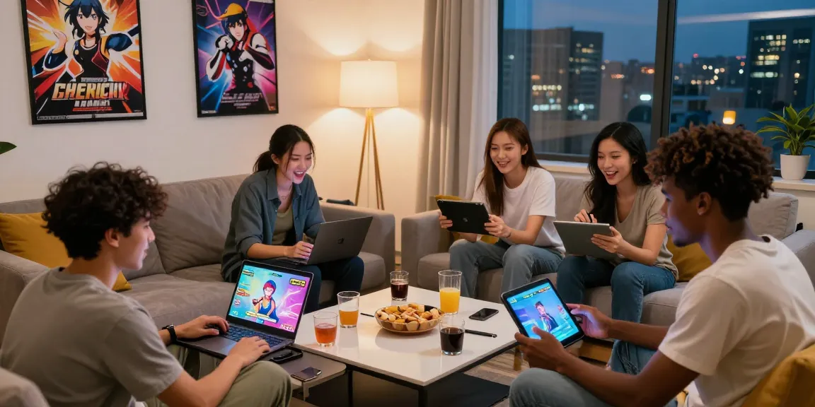 Friends enjoying free ecchi games in a cozy urban lounge, showcasing a vibrant atmosphere.