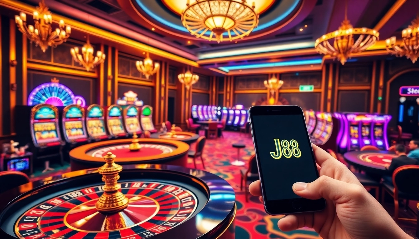Players enjoying a luxurious J88 casino experience with vibrant games and high-stakes excitement.