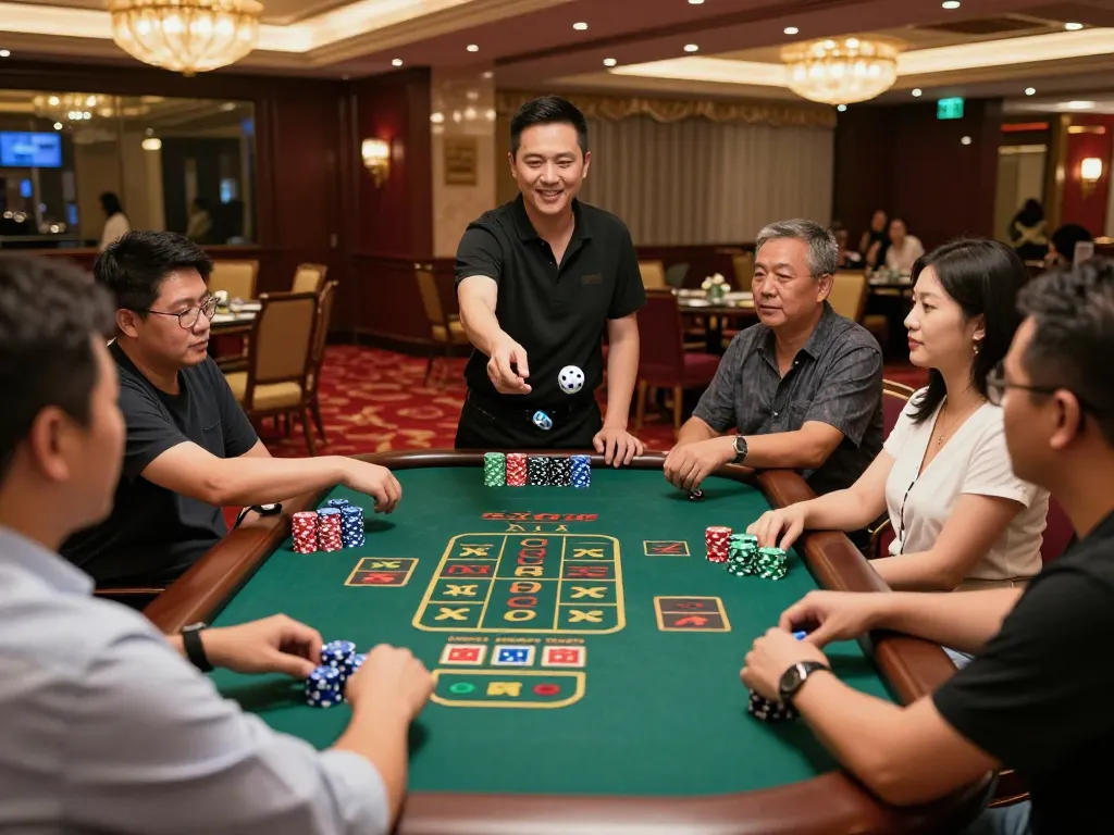 Exciting xóc đĩa game in a bustling casino, players engaged around a traditional table.