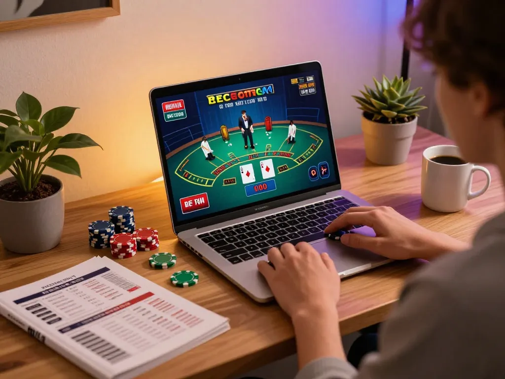 Engaged in a sunwin blackjack game at a modern home desk with vibrant lighting.