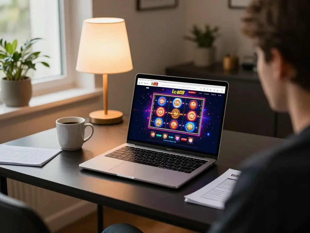 Engaged user exploring lc88 casino strategies on a laptop in a cozy home office setting