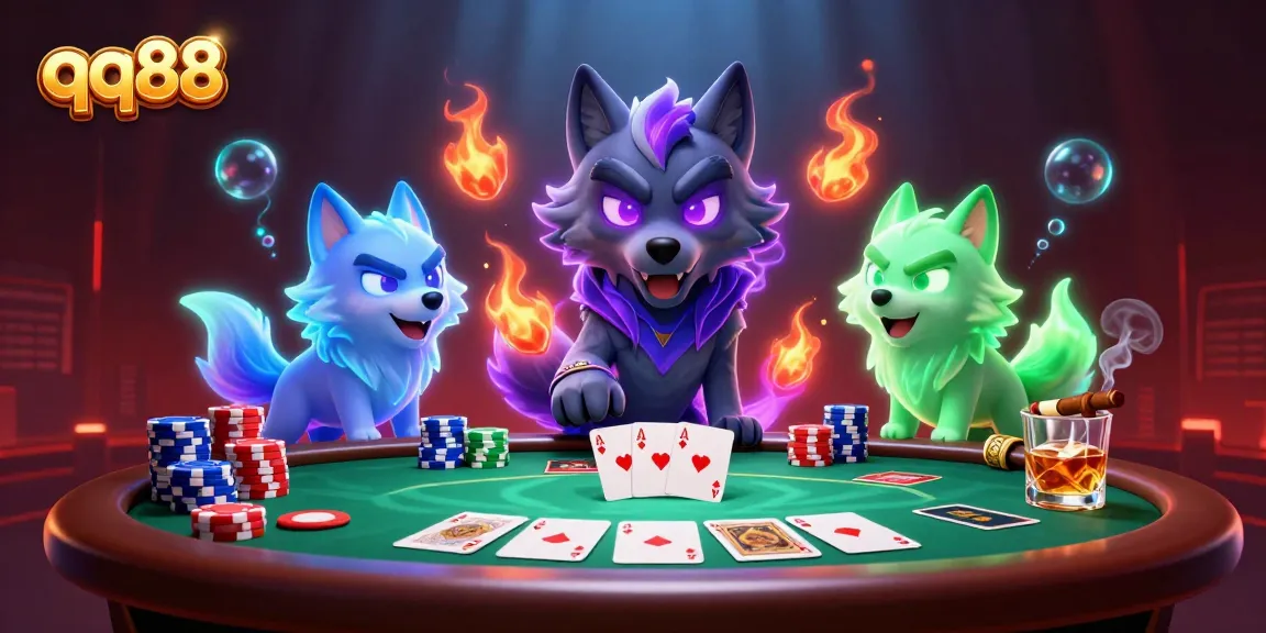 Experience the thrill of qq88 with spectral wolves at a vibrant poker scene.