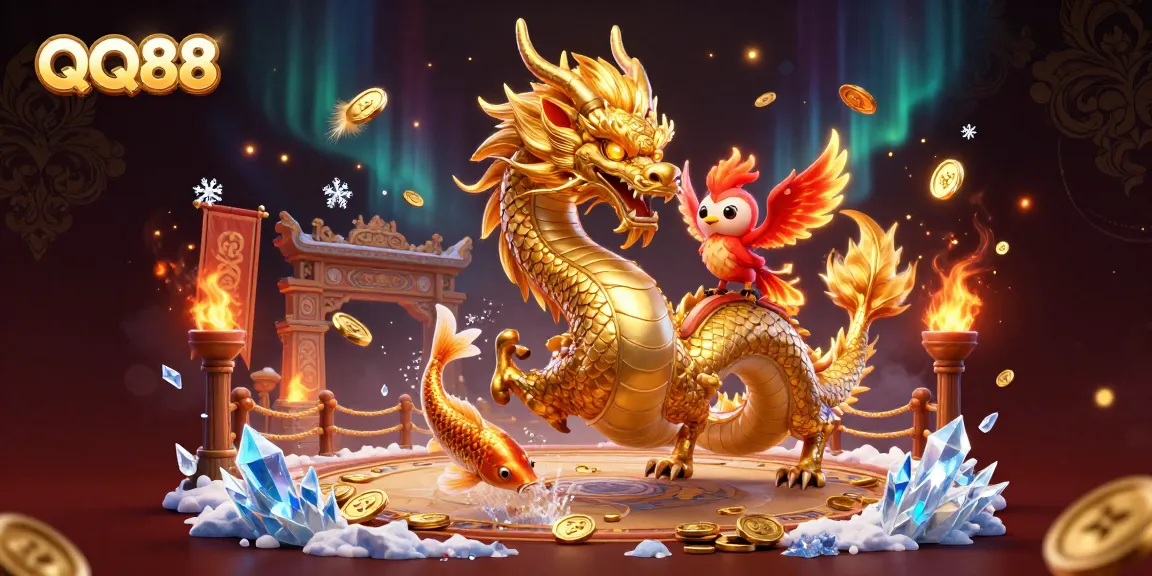 Experience the excitement of QQ88 with a dynamic 3D illustration featuring a Chinese dragon and gold koi fish amid coins and flames.