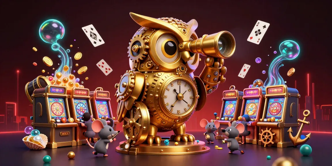 da88's impressive casino owl monitors gameplay with colorful slot machines glimmering in the scene.