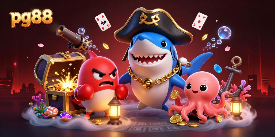 Engage with pg88’s immersive gaming world alongside a charming pirate shark and vibrant sea creatures.