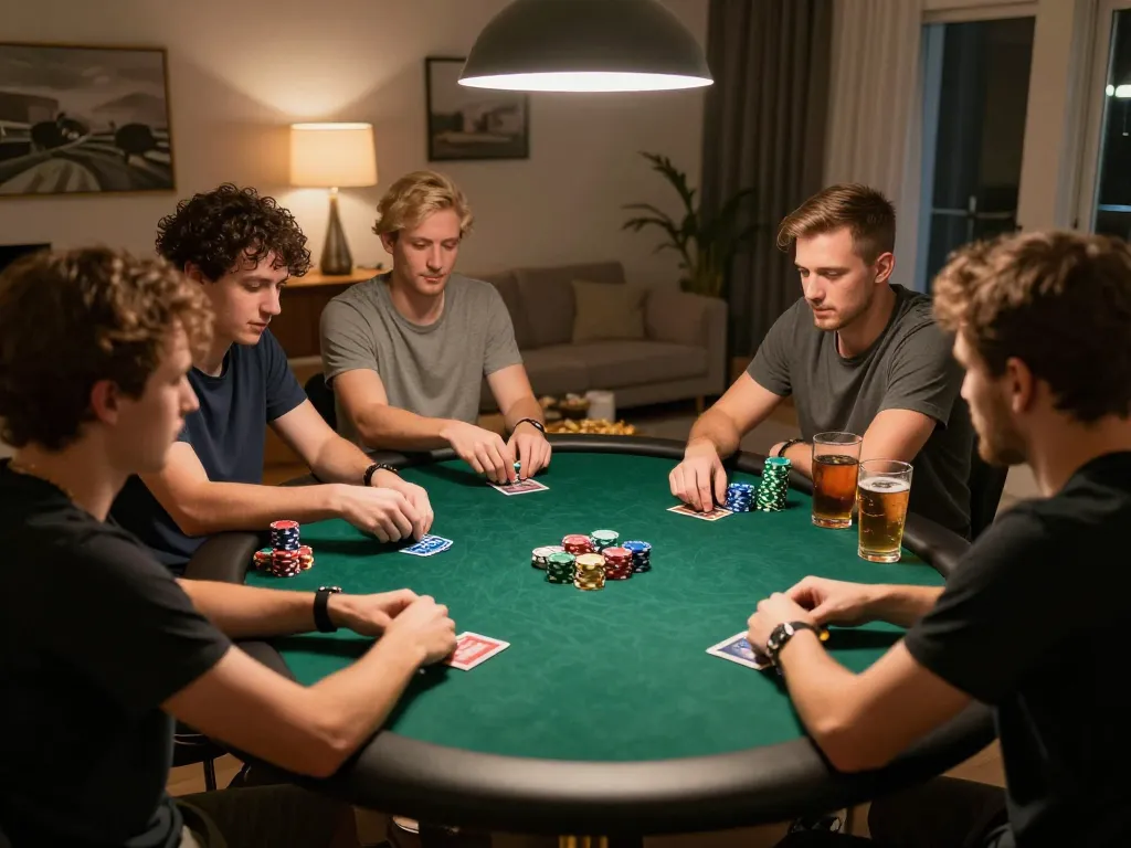 Engaged players enjoying poker night at home, exploring strategies at TT88 casino.