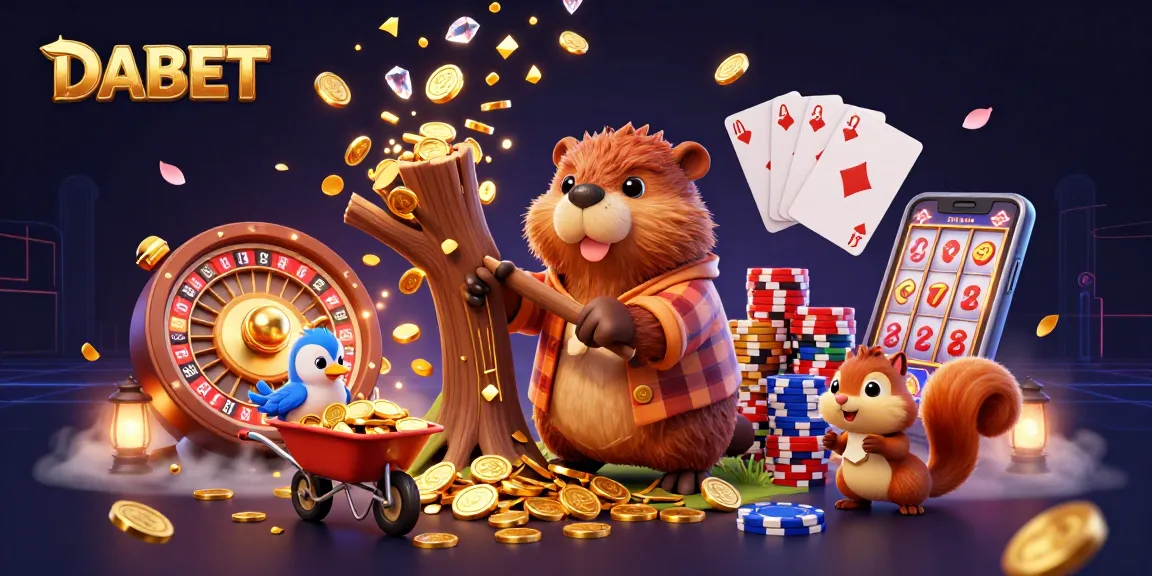 DABET engages players with a colorful scene of cartoon beavers, coins, and casino elements.