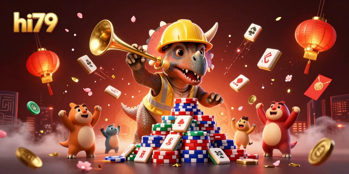 Join the hi79 excitement with a triceratops celebrating casino wins and vibrant game elements!