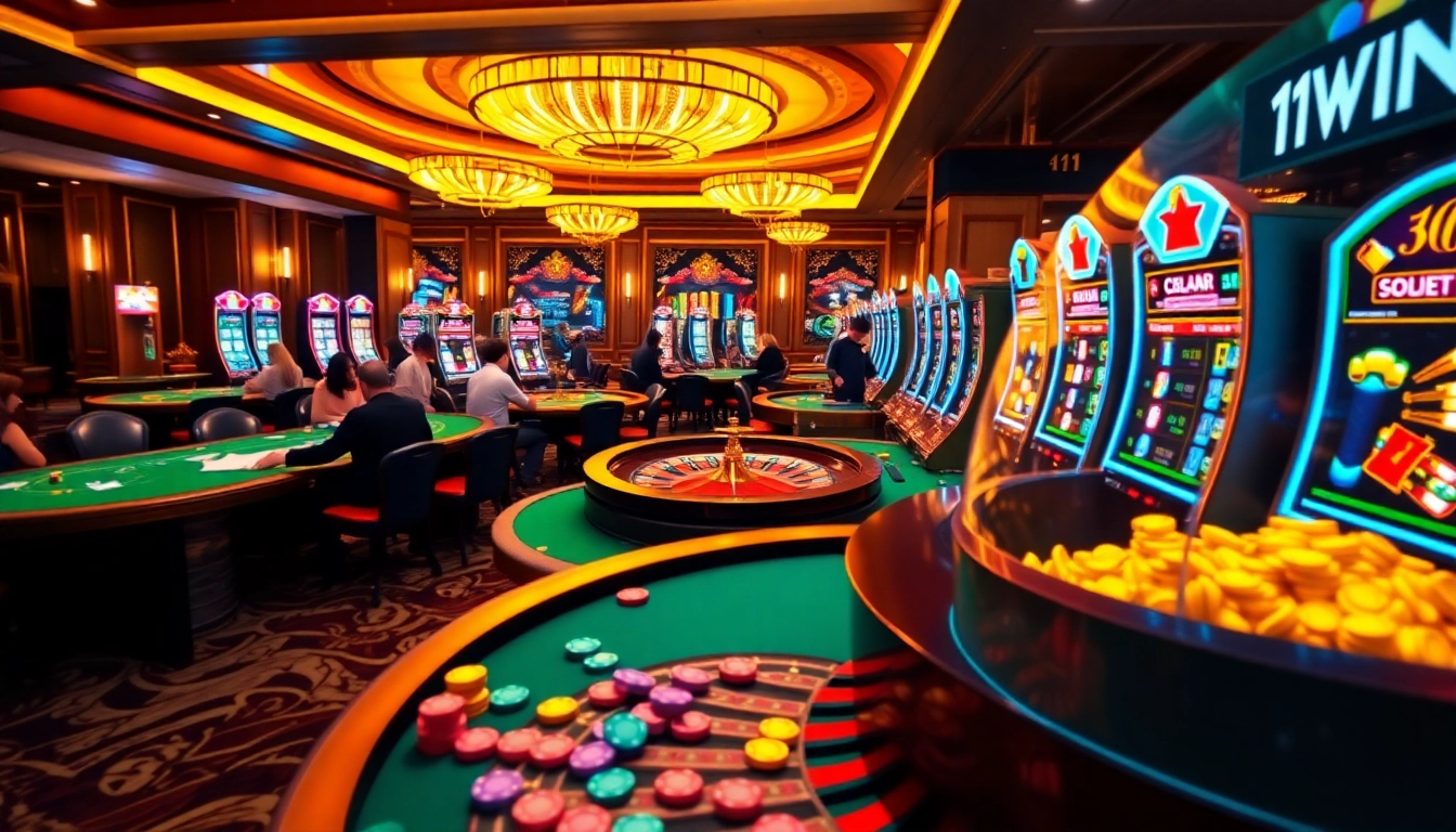 11WIN players enjoying exciting casino games at sleek tables with vibrant visuals