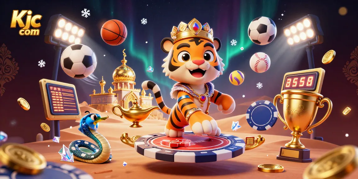 Experience the excitement at Kjc com with a dynamic casino illustration featuring sports elements and vibrant characters.
