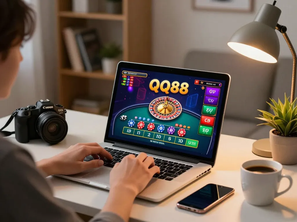 Player engaging with QQ88 casino games on laptop, showcasing vibrant roulette action in a cozy home setting.