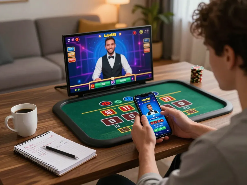 Engaging with kubet88 mobile app during a cozy home gaming session on smartphone.