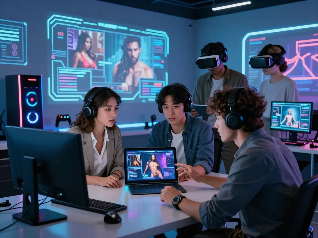 Professionals discussing AI porn concepts in a modern virtual studio with holographic displays and tech gear.