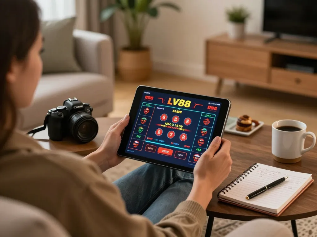 Person engaging in online gaming at LV88 using a tablet on a cozy sofa, emphasizing a comfortable and responsible gambling environment.