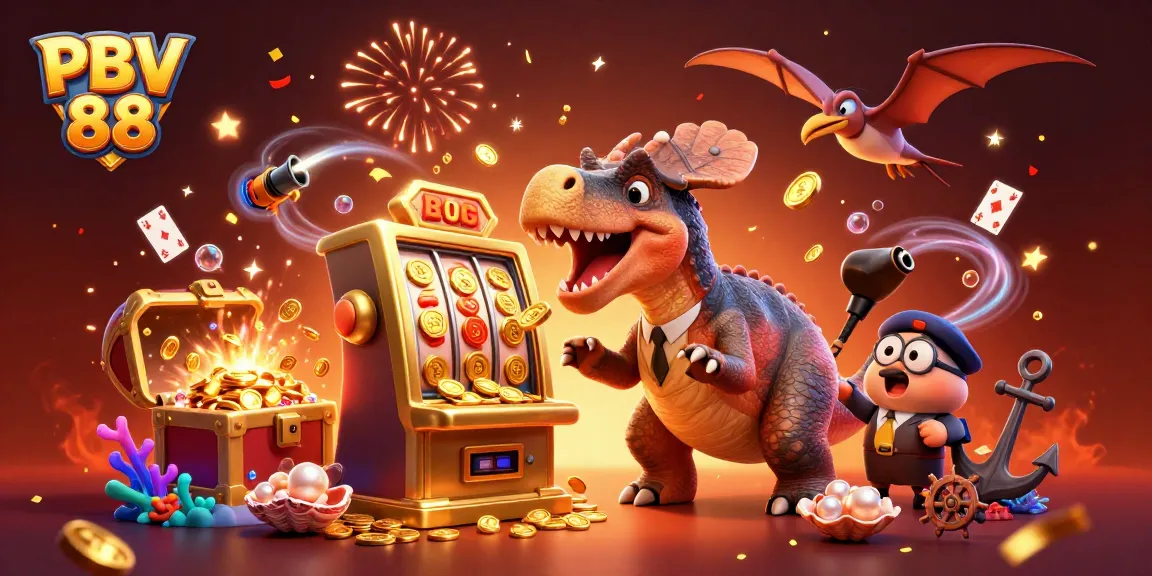 PBV 88 features a playful dinosaur winning big at a slot machine filled with coins and excitement.