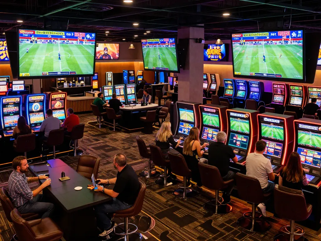 An immersive sports betting area at https://tx88at.com/ showcasing patrons eagerly placing bets and watching live events