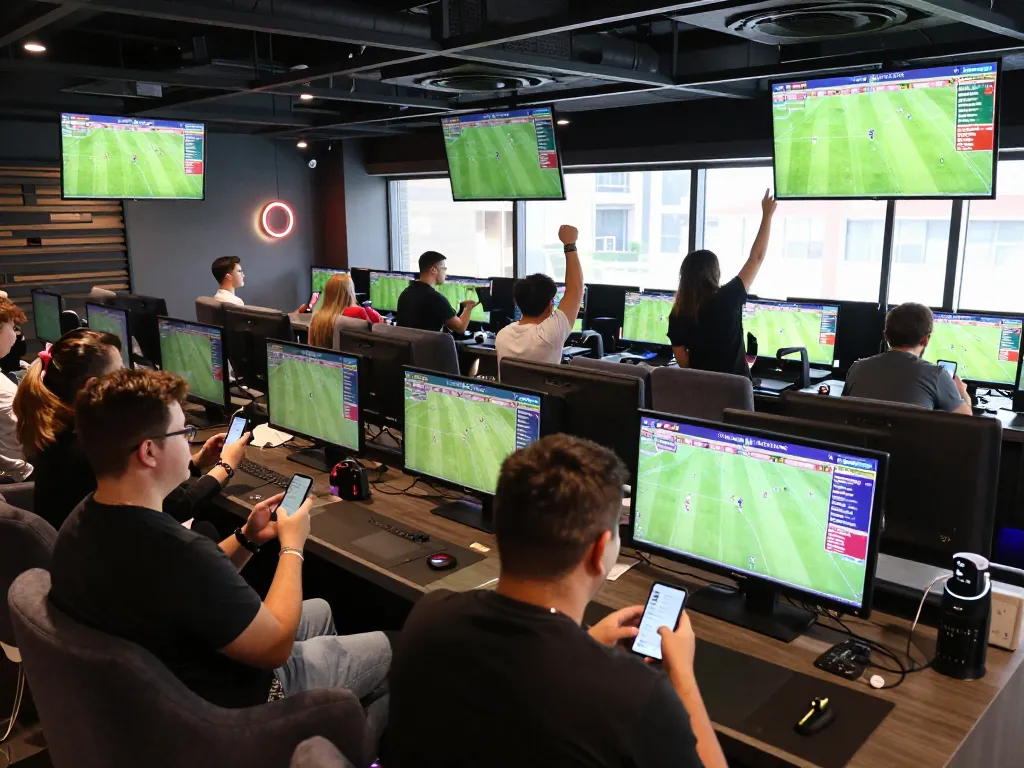 Place bets on live footballresults in an engaging sports betting lounge featuring excited patrons