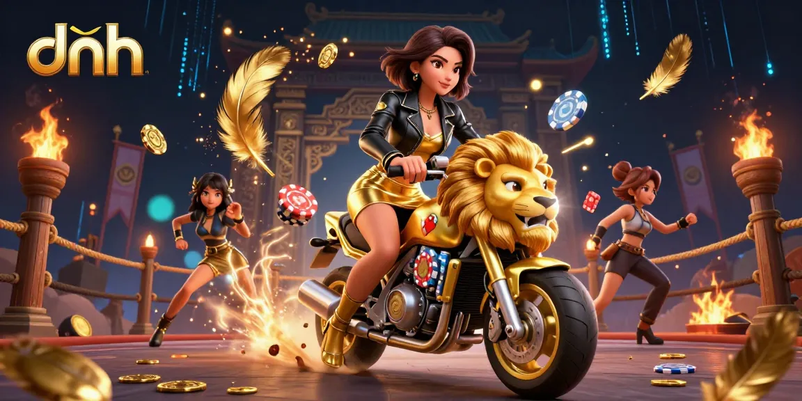 Spin and win at dnh with a glamorous Asian woman riding a golden lion mascot in a vibrant casino scene.