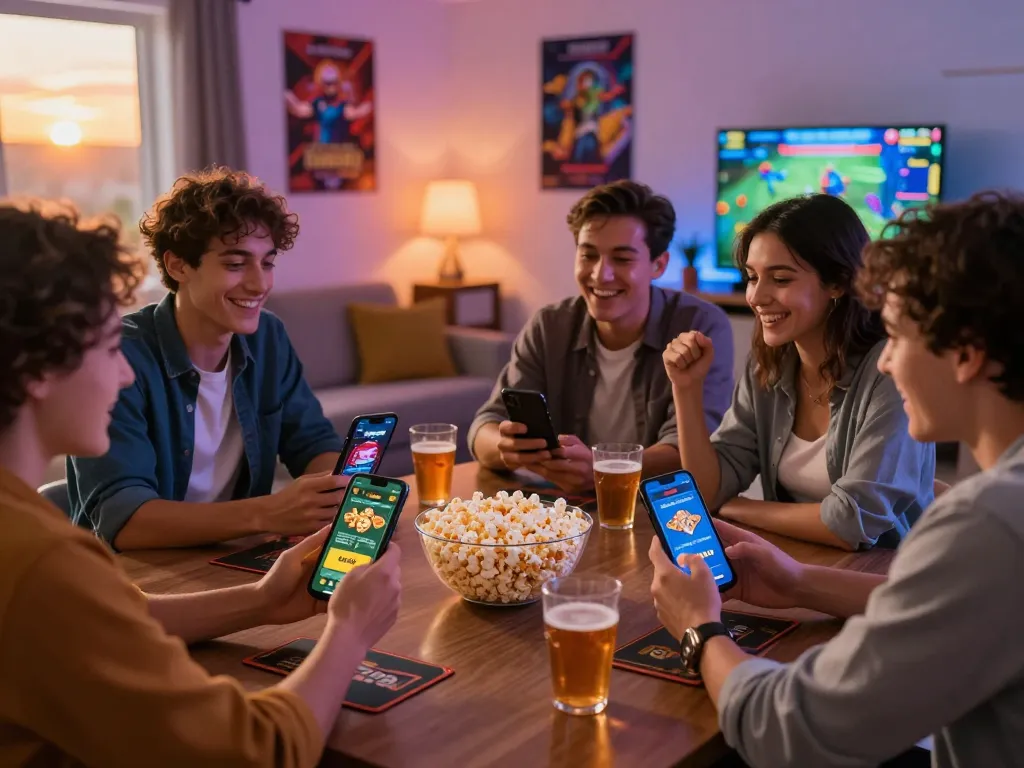 Friends enjoying a game night on QE8.BEER with smartphones and a lively atmosphere.