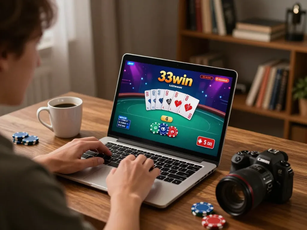 Player enjoying 33win poker game at home in a cozy setup with laptop and coffee.
