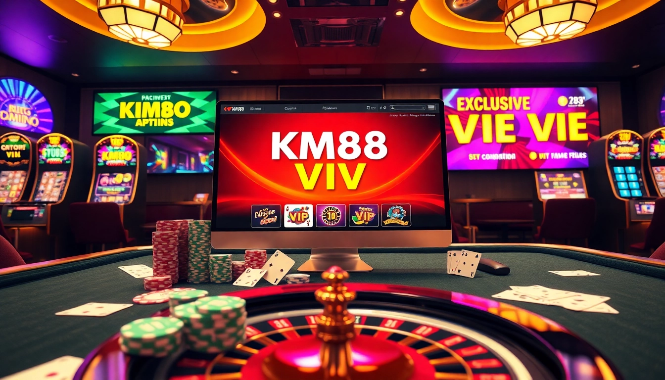 Experience the thrill of KM88 VIP online gambling with vibrant casino graphics and poker elements.