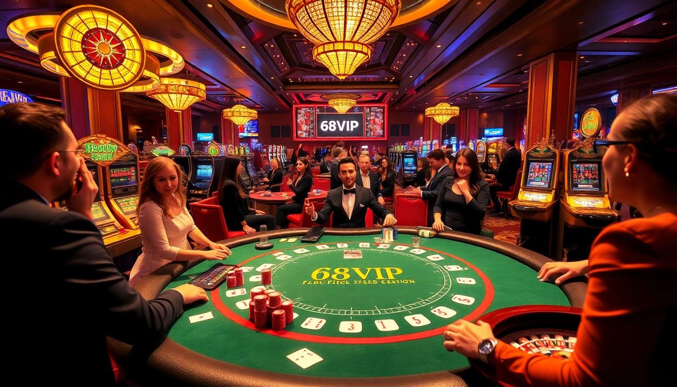 Experience thrilling gameplay at 68VIP casino, featuring poker chips and vibrant slot machines in a luxurious setting.