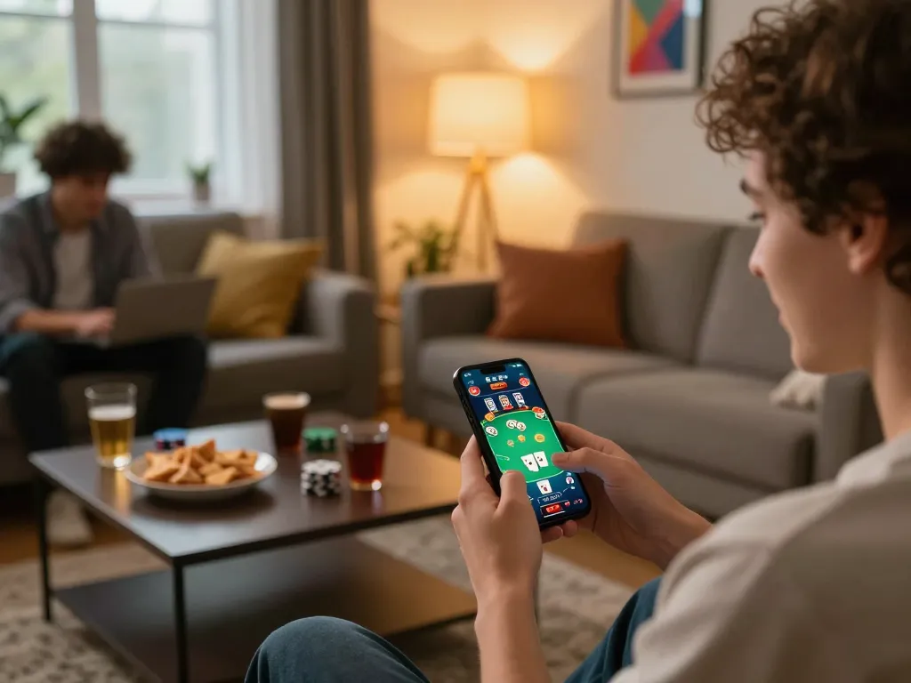 Zowin mobile gaming experience with a player engaged in an online poker game on smartphone.