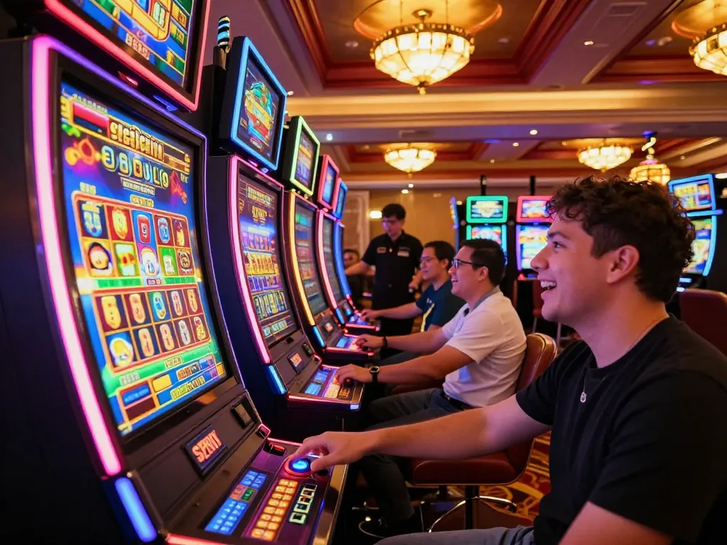 Players enjoying slot gacor games at vibrant casino with colorful machines and dynamic atmosphere.