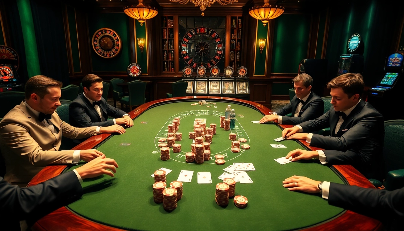 RR88 poker game at a luxurious casino with high-stakes excitement and elegant players.