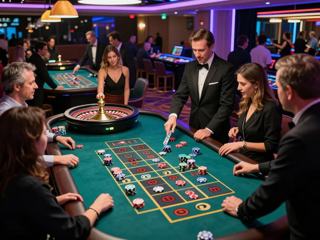 Experience the thrill of roulette at luck88 casino where players place bets eagerly on a vibrant casino floor.