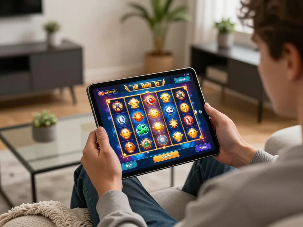 Engaging gameplay on 789WIN mobile app showcasing vibrant slot machine features in a cozy home setting.