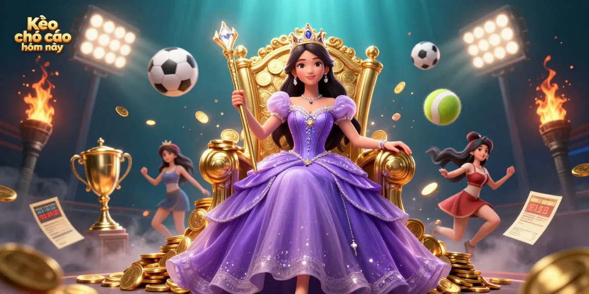 Bet on Kèo nhà cái hôm nay with dynamic sports balls and a royal princess in a lavish casino scene.