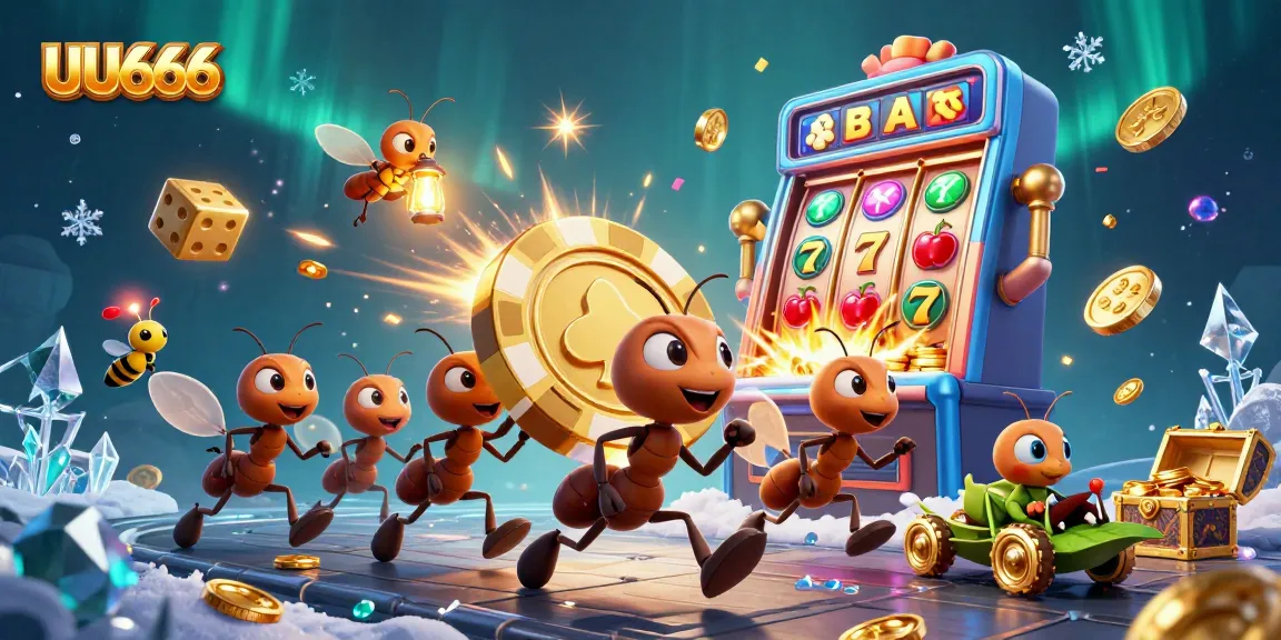 Engage with UU666's thrilling heist as cartoon ants race with a giant poker chip among vibrant casino elements.