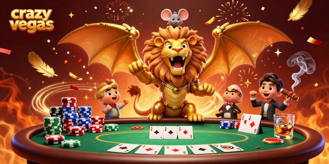 Experience the thrill of poker with crazyvegas' golden chimera and mouse jockey amidst vibrant casino elements.