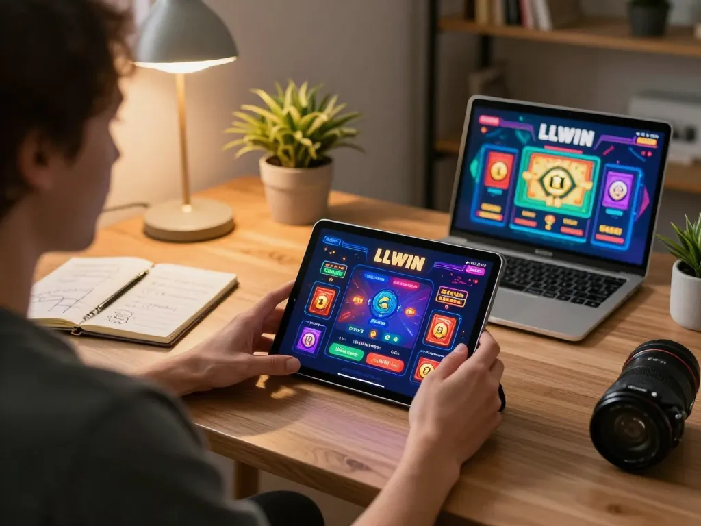 Player engaging with the LLWIN online casino app, surrounded by strategic betting notes in a cozy home setup