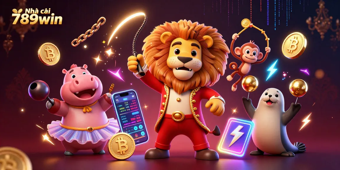 Experience the thrill at Nhà cái 789win with a vibrant 3D carnival-themed casino illustration.