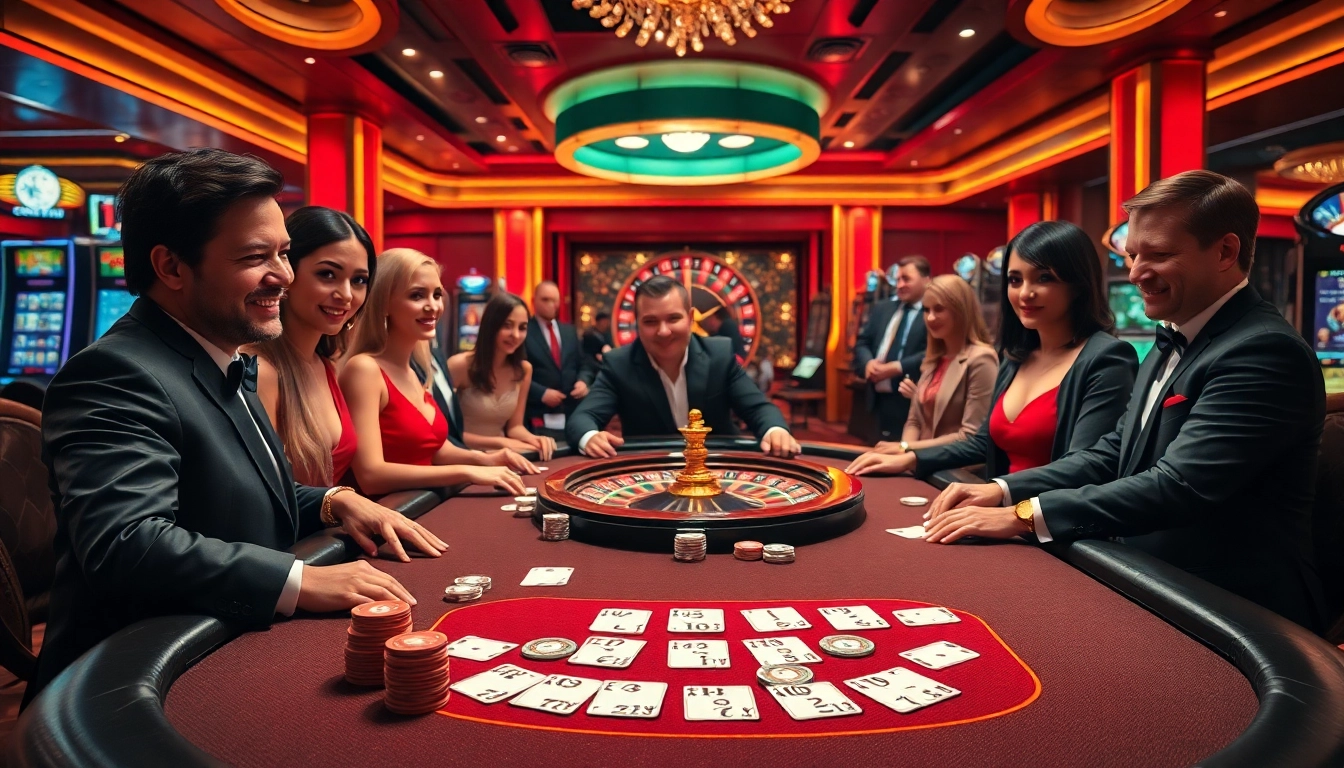 Engaging scene at FLY88 highlighting luxury casino excitement with poker tables and roulette.