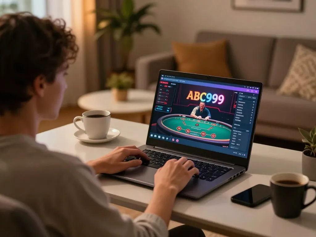 Engaging gameplay on the ABC999 plataforma showcasing a player using a laptop for online casino gaming.