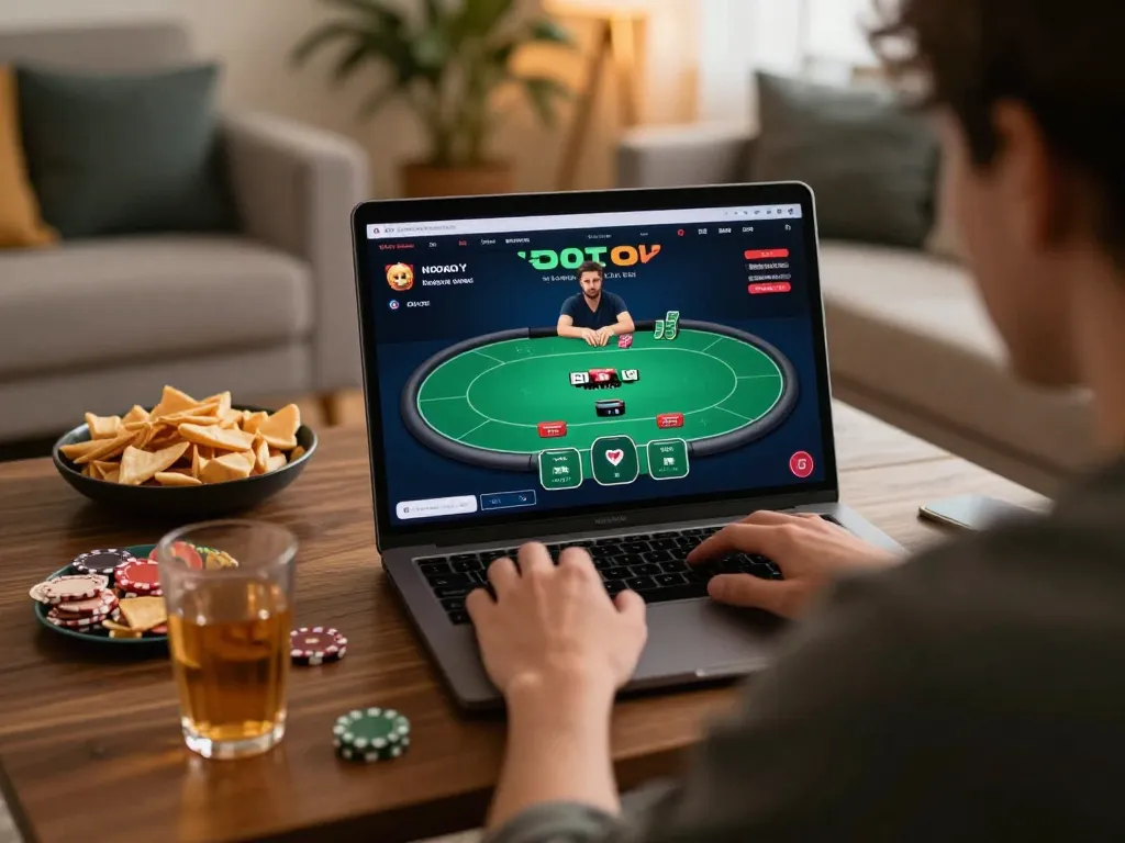 Engaged player enjoying online poker at https://go8.agency/ in a cozy home setup.
