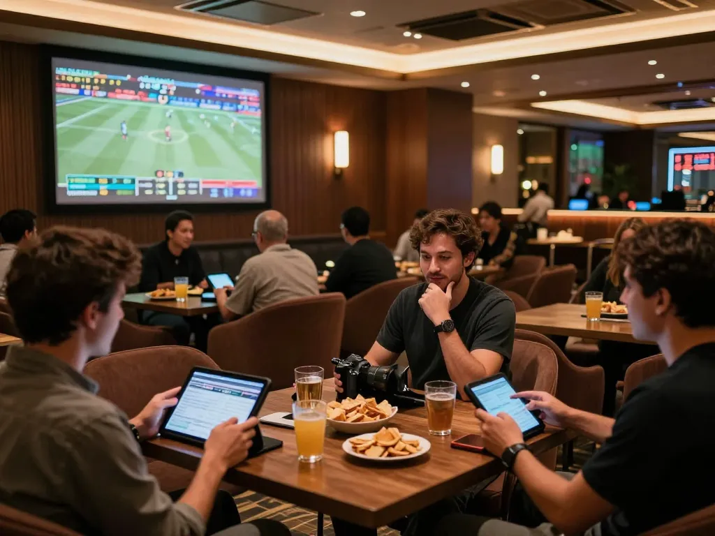 Engaged bettors analyzing sports betting odds using kèo nhà cái in a lively lounge setting