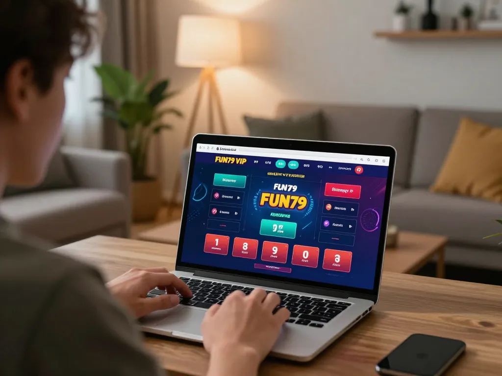 Player engaging with the FUN79 VIP casino platform on a laptop, showcasing vibrant gameplay and a cozy atmosphere.
